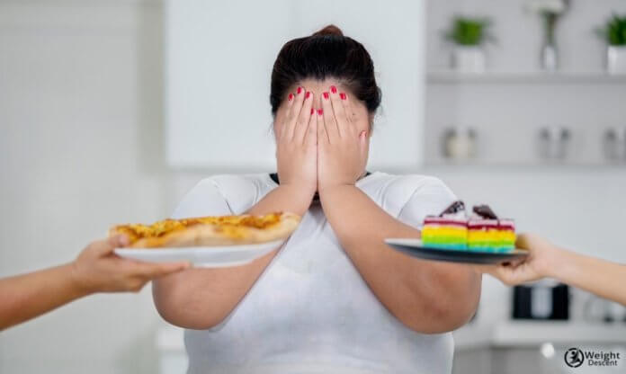 Overweight Woman Close Her Eyes Avoid Junk Food