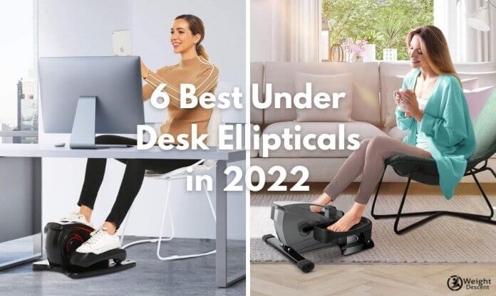woman using under desk elliptical while working and resting